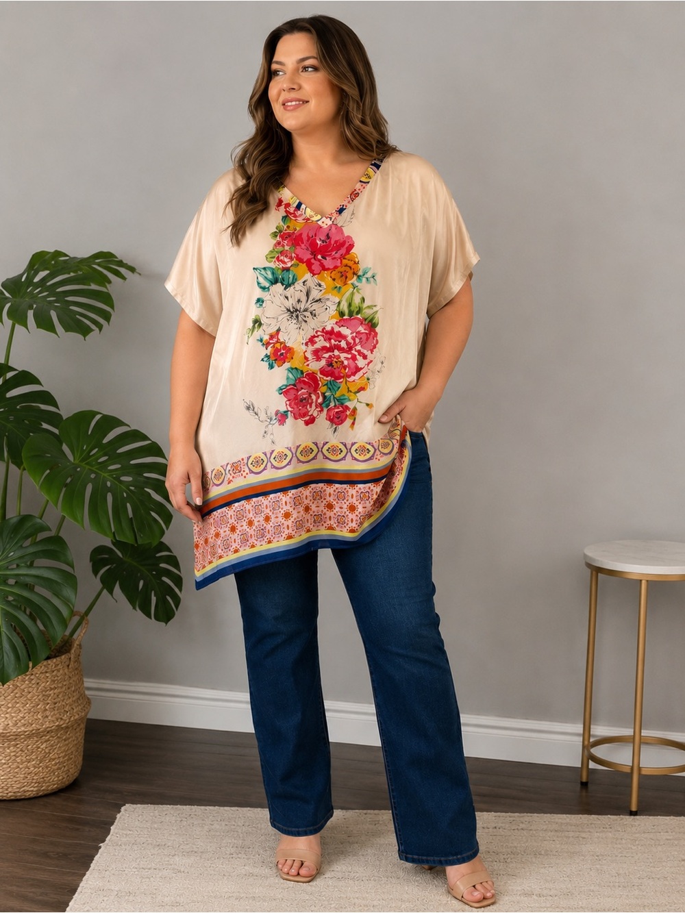 Johnny Was Silk Beige Floral V-Neck Tunic with Multicolor Border
